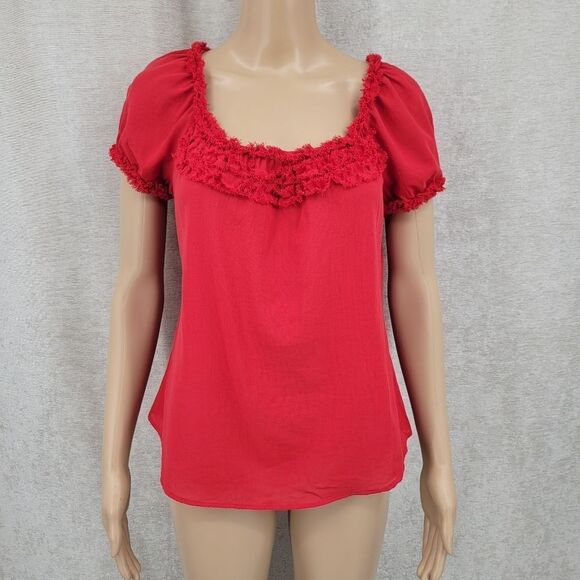 Trina Turk Red Cotton Short Sleeve Blouse Fringed Trim Women's Small - Picture 1 of 9